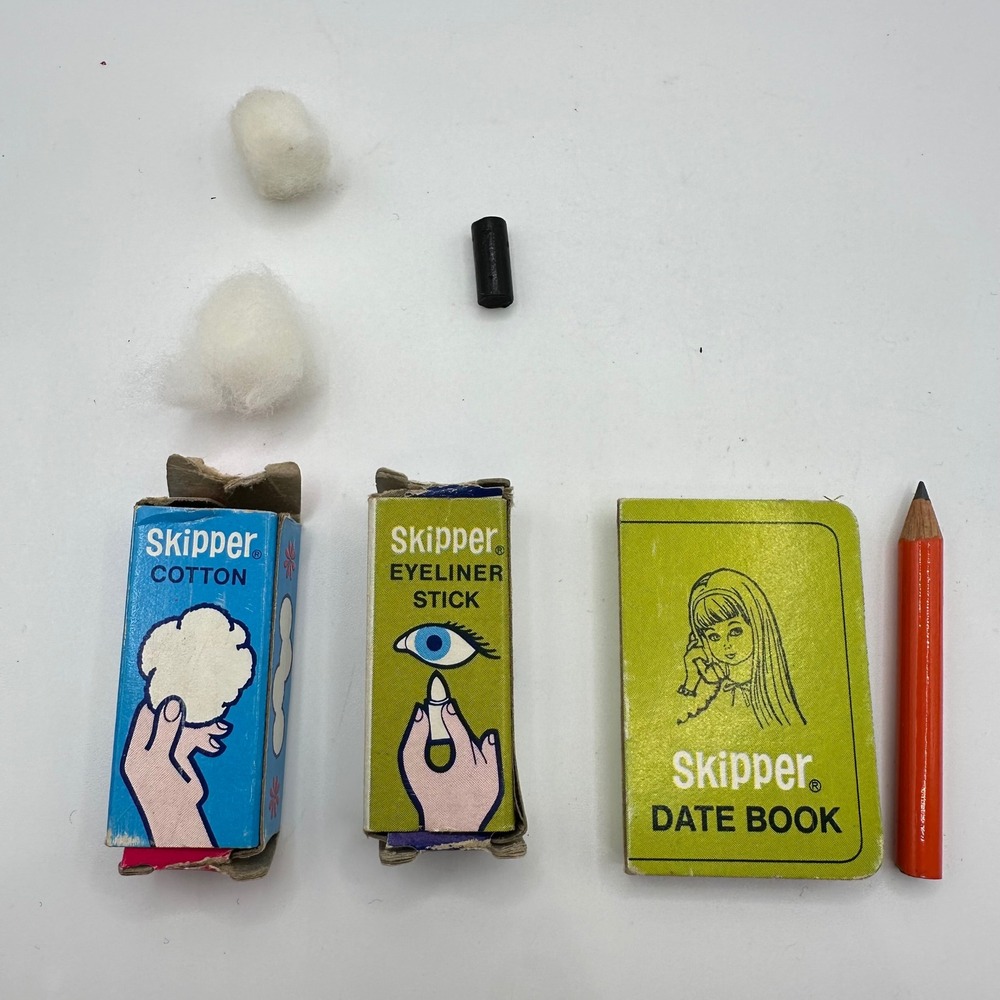VTG 1964 Skipper Dress Up Date Accessories Cotton Eyeliner Stick Box Notebook